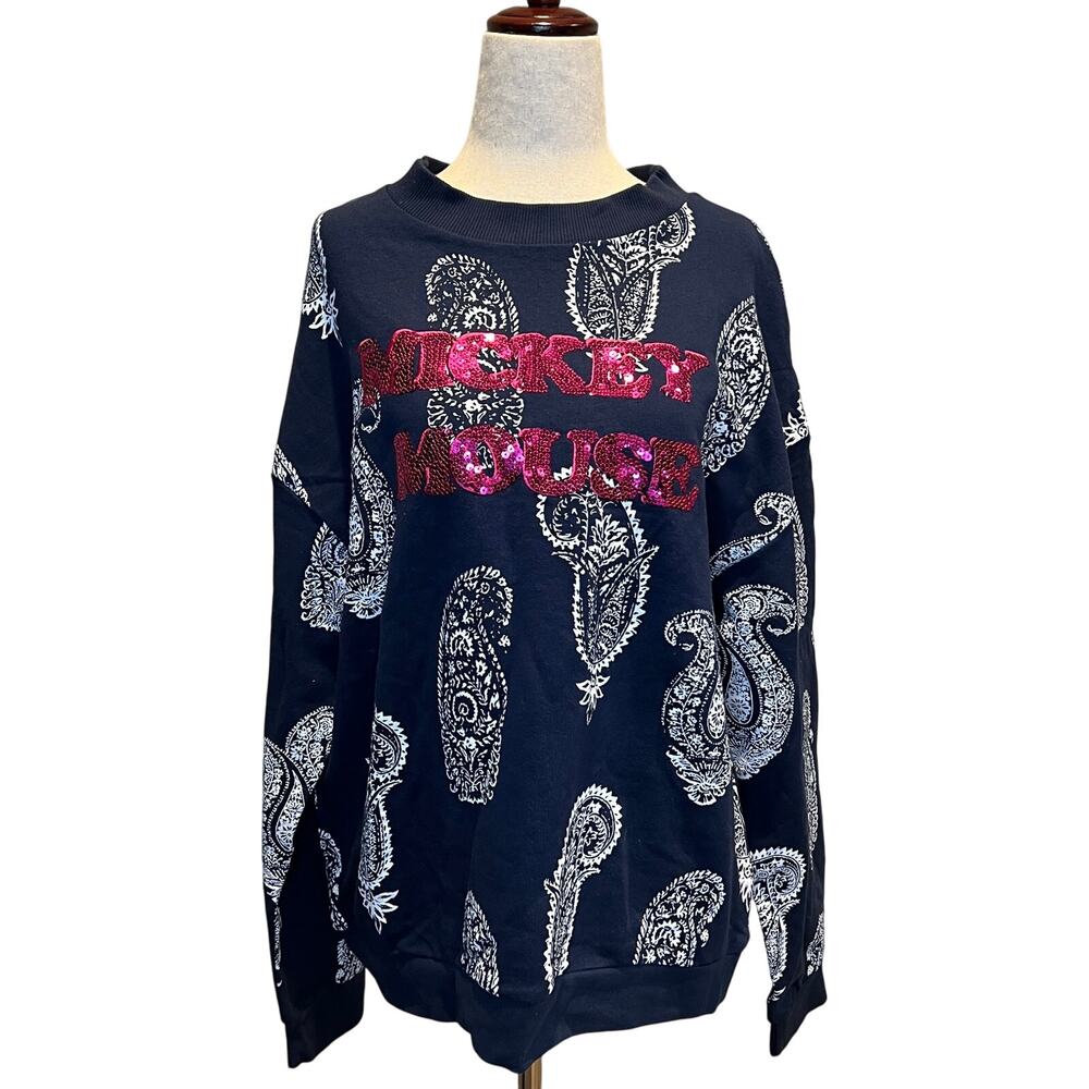ETHNIC WESTERN Women's Mickey Mouse Paisley Sweatshirt Size M In Navy